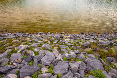 High angle view of stones on beach