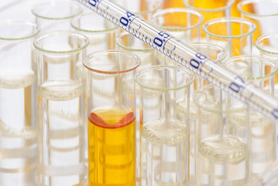 High angle view of test tubes