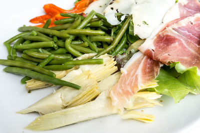 High angle view of salad and meat