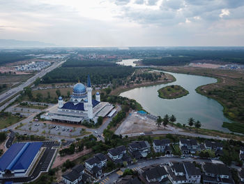 Aerial view abdullah fahim mosque in evening.