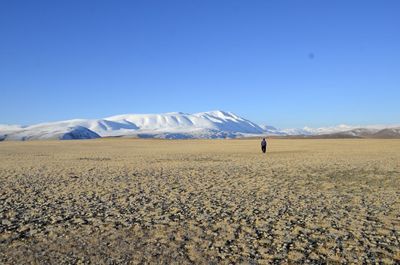 Scenic view of snowcapped mountains against clear blue sky