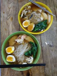 High angle view of food in bowl on table