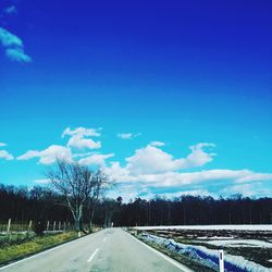 Road by trees against blue sky