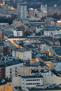 High angle view of illuminated buildings in city