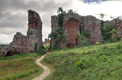 Rock formations on landscape against sky