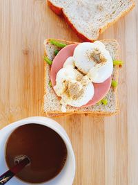 High angle view of breakfast served on table