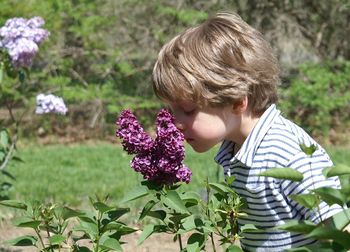 Cute boy with flowers