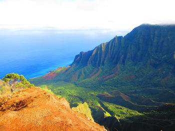 Scenic view of sea and mountains against sky