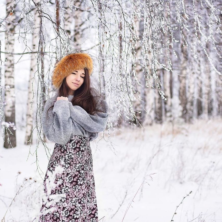 snow, winter, cold temperature, tree, young adult, one person, young women, warm clothing, portrait, women, clothing, beauty, looking at camera, nature, smiling, land, standing, adult, hair, beautiful woman, hairstyle, fashion, outdoors, snowing