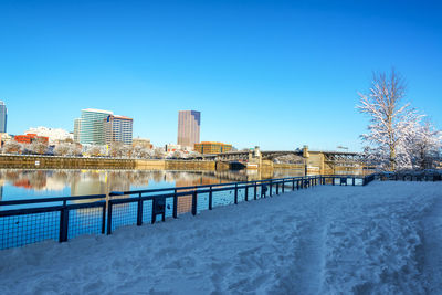 View of cityscape against clear blue sky