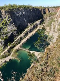 High angle view of water flowing through rocks