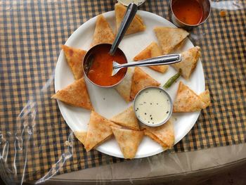 High angle view of breakfast on table