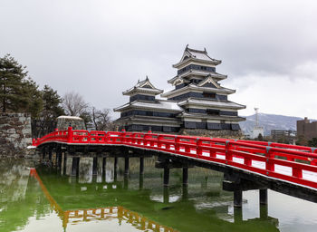 Red bridge over lake against sky