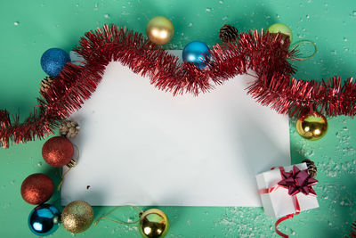 High angle view of christmas decoration on table