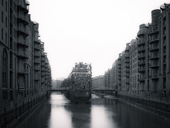 Canal amidst buildings against clear sky