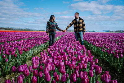 People standing on pink flowering plants on field against sky