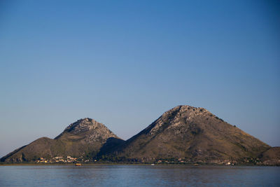 Scenic view of sea and mountains against clear blue sky