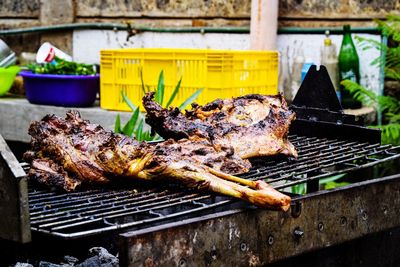 Close-up of meat on barbecue grill