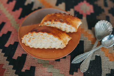 Close-up of dessert served on table