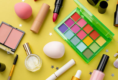 High angle view of beauty products on table