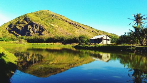 Scenic view of lake by houses against sky