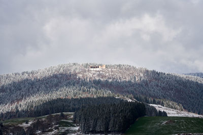 Scenic view of snow covered mountain against sky