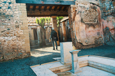 Rear view of woman standing at historic place