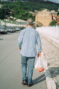Rear view of men walking on road