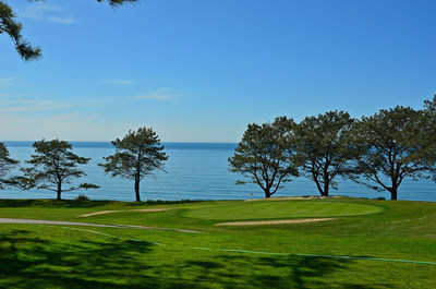 Scenic view of golf course against sky