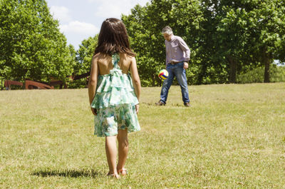 Rear view of granddaughter playing with grandfather at park