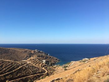 Scenic view of sea against clear blue sky