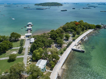 High angle view of city by sea