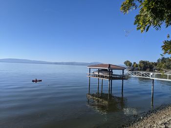 Scenic view of sea against clear blue sky