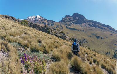 Rear view of man walking on mountain