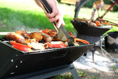 Cropped hand of person picking meat with serving tongs on field