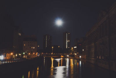 Reflection of illuminated buildings in city at night