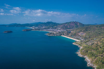 Aerial view of bay against sky