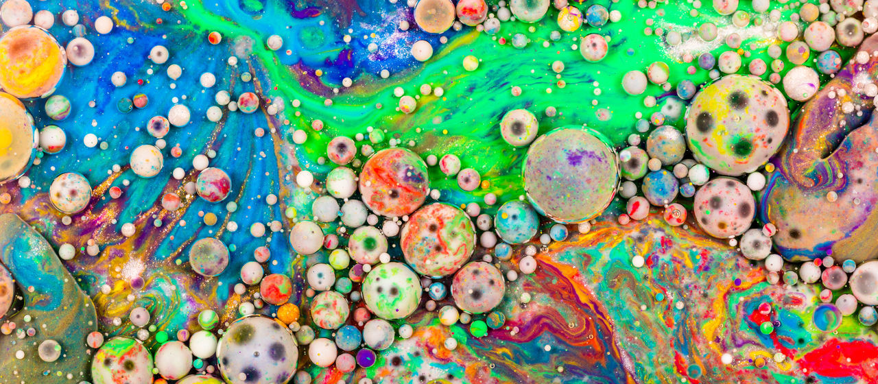 multi colored, backgrounds, full frame, pattern, creativity, no people, abstract, variation, close-up, choice, paint, abstract backgrounds, vibrant color, indoors, art and craft, water, bubble, design, studio shot, chaos, textured effect