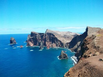 Scenic view of sea against clear blue sky