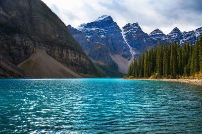 Scenic view of sea and mountains against sky