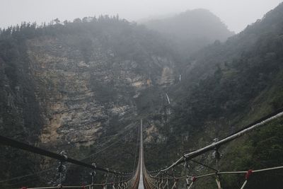 Aerial view of forest against sky during foggy weather