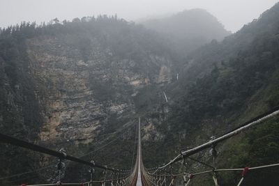 Aerial view of forest against sky during foggy weather