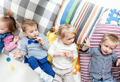 High angle view of people at home