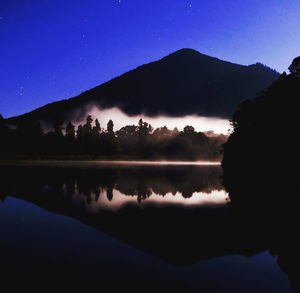 Reflection of silhouette trees in lake against sky during sunset