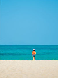 Rear view of teenage girl standing at beach against clear blue sky