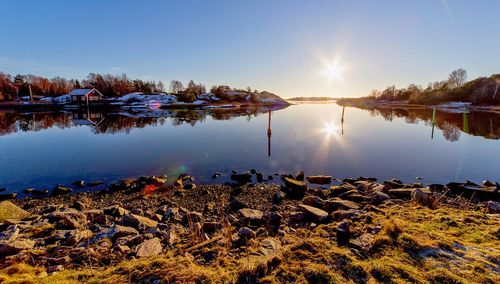 Scenic view of lake against sky during sunset