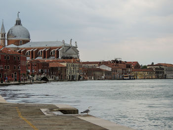 Empty street and view of redentore church in venice  during lockdown.