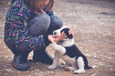 Low section of teenage girl playing with puppy on land