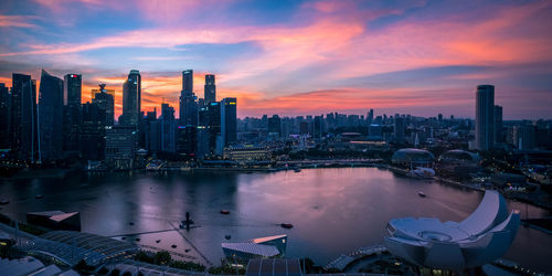 Aerial view of city at sunset