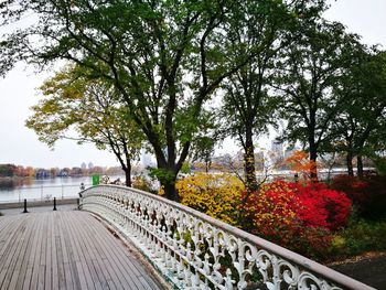 Footbridge amidst trees against sky during autumn